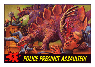 Illustration for article titled These terrifying Dinosaurs Attack! trading cards from the 1980s traumatized an entire generation